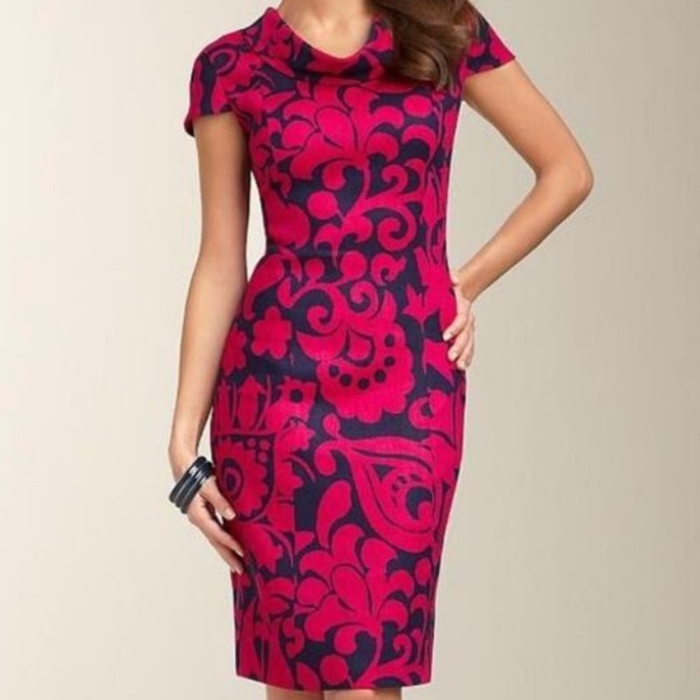 Talbots Pink and Blue Sheath Dress Crew Neck Midi